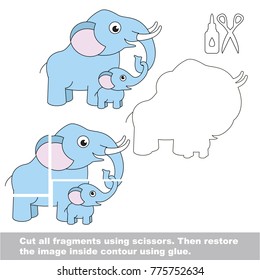 Use scissors and glue and restore the picture inside the contour. Easy educational paper game for kids. Simple kid application with Mom and her Infant Blue Elephant