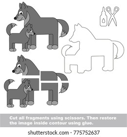 Use scissors and glue and restore the picture inside the contour. Easy educational paper game for kids. Simple kid application with Mom and her Infant Wolf