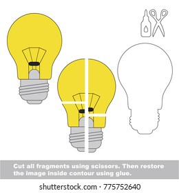 Use scissors and glue and restore the picture inside the contour. Easy educational paper game for kids. Simple kid application with Lamp Lighting