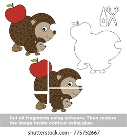 Use scissors and glue and restore the picture inside the contour. Easy educational paper game for kids. Simple kid application with Mom and her Infant Hedgehog