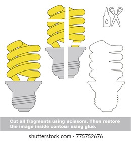 Use scissors and glue and restore the picture inside the contour. Easy educational paper game for kids. Simple kid application with Energy Saving Lamp