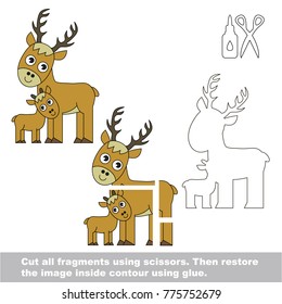 Use scissors and glue and restore the picture inside the contour. Easy educational paper game for kids. Simple kid application with Mom and her Infant Deer