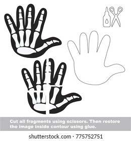 Use scissors and glue and restore the picture inside the contour. Easy educational paper game for kids. Simple kid application with X-ray Kid Hand