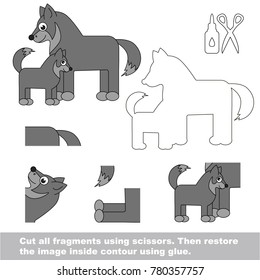 Use scissors and glue and restore the picture inside the contour. Easy educational paper game for kids. Simple kid application with Wolf Mom and her Infant