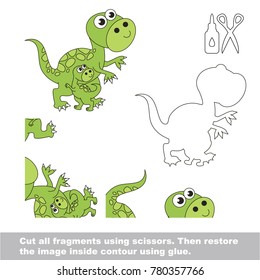 Use scissors and glue and restore the picture inside the contour. Easy educational paper game for kids. Simple kid application with Mom and her infant tyrannosaur