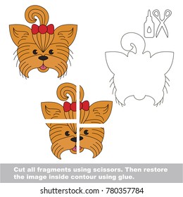 Use scissors and glue and restore the picture inside the contour. Easy educational paper game for kids. Simple kid application with Yorkshire Terrier
