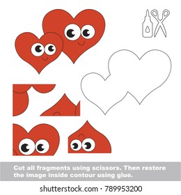 Use scissors and glue and restore the picture inside the contour. Easy educational paper game for kids. Simple kid application with Smiling Two Red Loving Hearts