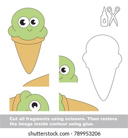 Use scissors and glue and restore the picture inside the contour. Easy educational paper game for kids. Simple kid application with Smiling Ice Cream