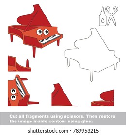 Use scissors and glue and restore the picture inside the contour. Easy educational paper game for kids. Simple kid application with Smiling Red Grand Piano