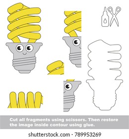 Use scissors and glue and restore the picture inside the contour. Easy educational paper game for kids. Simple kid application with Smiling Energy Saving Lamp