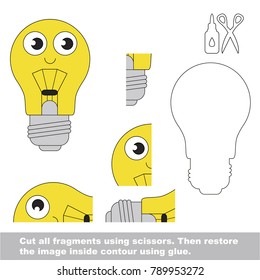 Use scissors and glue and restore the picture inside the contour. Easy educational paper game for kids. Simple kid application with Smiling Lighting Bulb