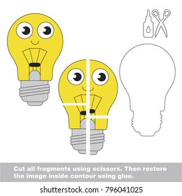 Use scissors and glue and restore the picture inside the contour. Easy educational paper game for kids. Simple kid application with Funny Light Bulb