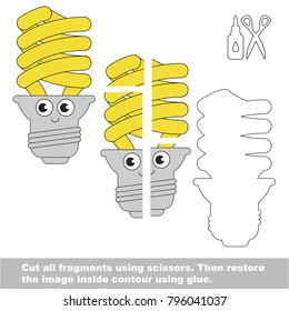Use scissors and glue and restore the picture inside the contour. Easy educational paper game for kids. Simple kid application with Funny Energy Saving Lamp