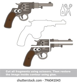 Use scissors and glue and restore the picture inside the contour. Easy educational paper game for kids. Simple kid application with Funny Weapon
