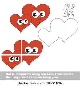 Use scissors and glue and restore the picture inside the contour. Easy educational paper game for kids. Simple kid application with Funny Red Loving Hearts