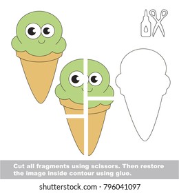 Use scissors and glue and restore the picture inside the contour. Easy educational paper game for kids. Simple kid application with Funny Ice Cream