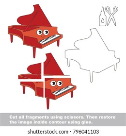 Use scissors and glue and restore the picture inside the contour. Easy educational paper game for kids. Simple kid application with Funny Red Grand Piano