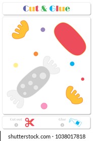 Use scissors and glue and sticker picture for sample. Easy educational paper game for kids. Cartoon colorful candy