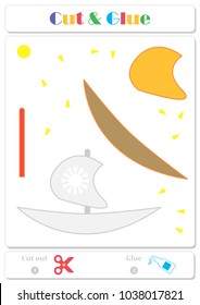 Use scissors and glue and sticker picture for sample. Easy educational paper game for kids. Cartoon colorful sailing ship with sun