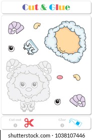 Use scissors and glue and sticker picture for sample. Easy educational paper game for kids. Funny cute lamb