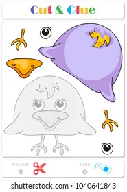 Use scissors and glue and sticker picture for sample. Easy educational paper game for kids. Funny purple raven