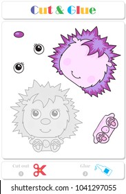 Use scissors and glue and sticker picture for sample. Easy educational paper game for kids. Funny barbed hedgehog