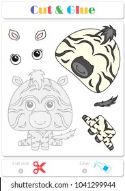 Use scissors and glue and sticker picture for sample. Easy educational paper game for kids. Funny striped zebra