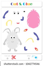 Use scissors and glue and sticker picture for sample. Easy educational paper game for kids. Funny horned monster