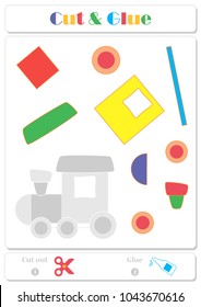 Use scissors and glue and sticker picture for sample. Easy educational paper game for kids. Colorful train