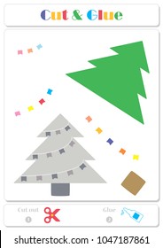 Use scissors and glue and sticker picture for sample. Easy educational paper game for kids. Cartoon New Year tree