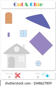 Use scissors and glue and sticker picture for sample. Easy educational paper game for kids. Cartoon house
