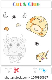 Use scissors and glue and sticker picture for sample. Easy educational paper game for kids. Funny spotted cow