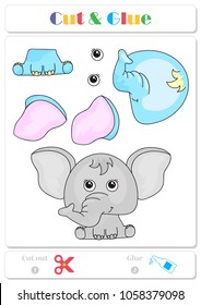 Use scissors and glue and sticker picture for sample. Easy educational paper game for kids. Funny elephant