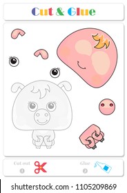Use scissors and glue and sticker picture for sample. Easy educational paper game for kids. Funny pig