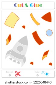 Use scissors and glue and sticker picture for sample. Easy educational paper game for kids. Colorful rocket