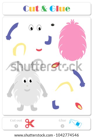 Use scissors and glue and sticker picture for sample. Easy educational paper game for kids. Funny horned monster
