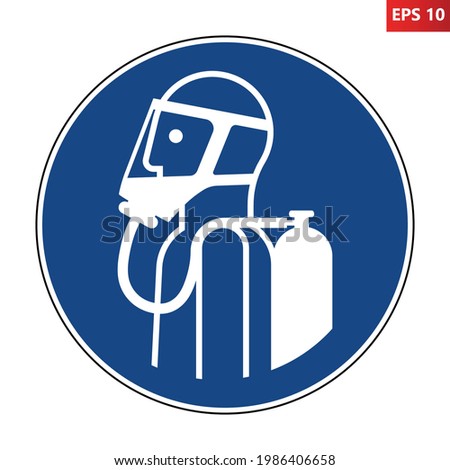 Use self-contained breathing appliance sign. Vector illustration of circular blue mandatory sign with man wearing breathing apparatus. Harmful gases and lack of oxygen symbol. ISO 7010 - M047.