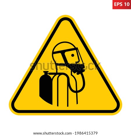 Use self-contained breathing appliance sign. Vector illustration of yellow triangle sign with man wearing breathing apparatus. Harmful gas and lack of oxygen symbol. Risk of damage respiratory tract.