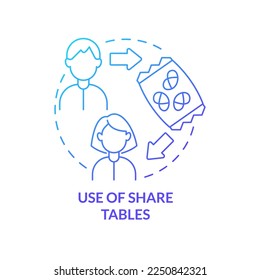 Use of share tables blue gradient concept icon. School lunch program importance abstract idea thin line illustration. Reduce food waste. Isolated outline drawing. Myriad Pro-Bold font used