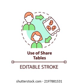 Use Of Share Tables Concept Icon. School Lunch Program Importance Abstract Idea Thin Line Illustration. Reduce Food Waste. Isolated Outline Drawing. Editable Stroke. Arial, Myriad Pro-Bold Fonts Used