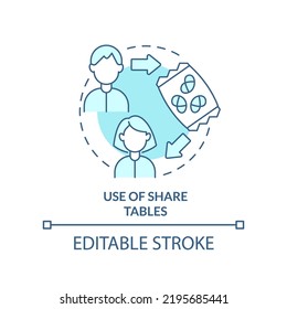 Use of share tables turquoise concept icon. School lunch program importance abstract idea thin line illustration. Isolated outline drawing. Editable stroke. Arial, Myriad Pro-Bold fonts used