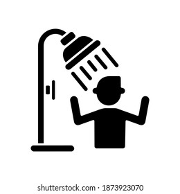 Use shower black glyph icon. Water park service, public douche. Personal hygiene, body care silhouette symbol on white space. Summer refreshment. Person taking shower bath vector isolated illustration