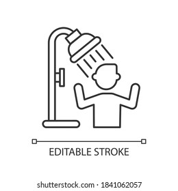 Use shower linear icon. Water park service. Personal hygiene, body care thin line customizable illustration. Contour symbol. Summer refreshment. Vector isolated outline drawing. Editable stroke