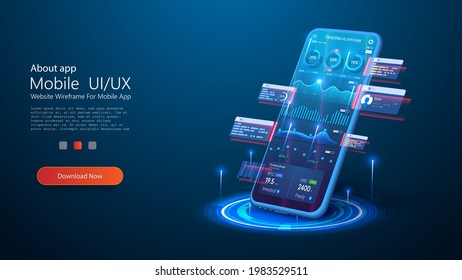 Use a smartphone with business graph and analytical data on futuristic isometric mobile phone. Bright, colorful, neon graphics and data. Data analytics for marketing solutions or financial performance svg