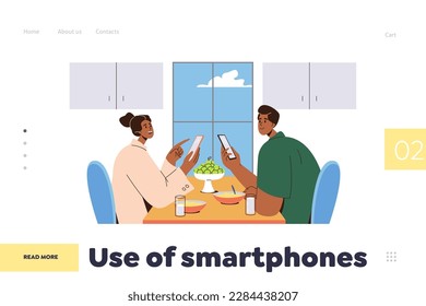 Use of smartphone landing page. Family couple sitting at kitchen table looking in mobile phone screen and discuss news in social media network vector illustration. Digital technology in daily life