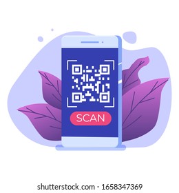 Use smartphone for QR code scanning. Landing page template. Vector illustration.