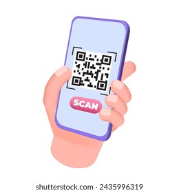 Use smartphone for QR code scanning.  3d Vector illustration for banner, website, landing page, flyer.