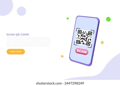 Use smartphone for QR code scanning.  3d Vector illustration for banner, website, landing page, flyer.