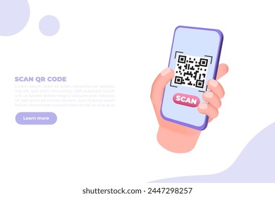 Usa tu smartphone para escanear códigos QR.  Ilustración vectorial 3d para Anuncio, Sitio web, landing page, flyer.