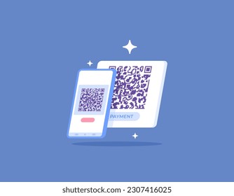 Use smartphone to scan the QR Code. payment method. Payment via QR Code. cashless payment services and technologies. mobile application. illustration concept design. vector elements. blue background